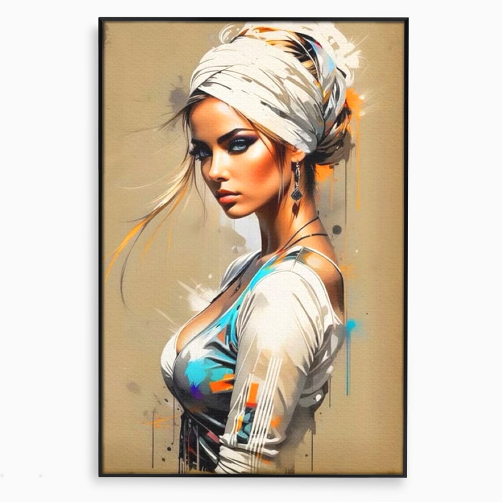 Tablou canvas cu tablou canvas cu portret de femeie, in rama de aluminiu negru
